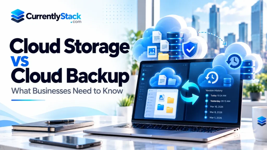 Illustration comparing cloud storage and cloud backup with synchronized files and recovery dashboards
