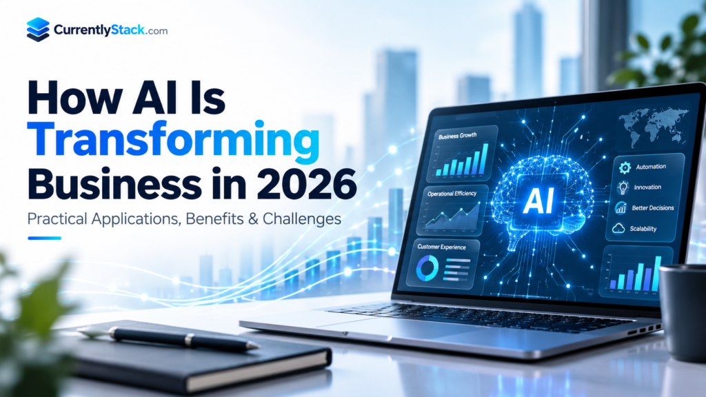 Laptop displaying an AI-powered business analytics dashboard with automation and growth charts