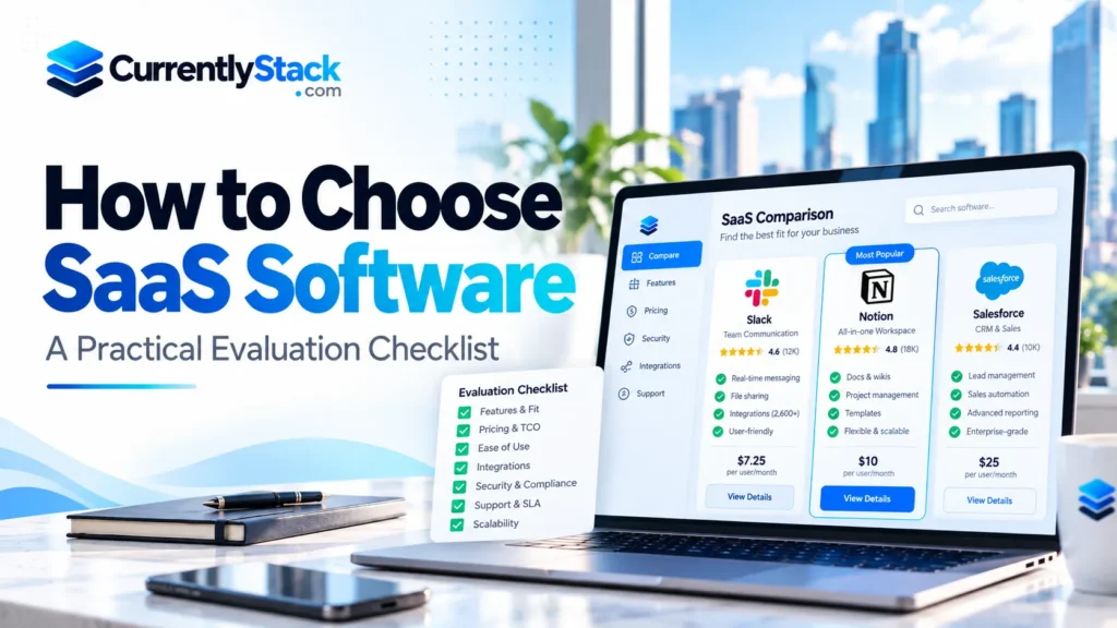 SaaS comparison dashboard displaying software features, pricing and evaluation checklist
