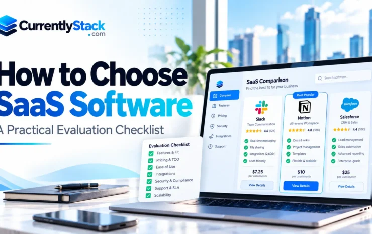 SaaS comparison dashboard displaying software features, pricing and evaluation checklist
