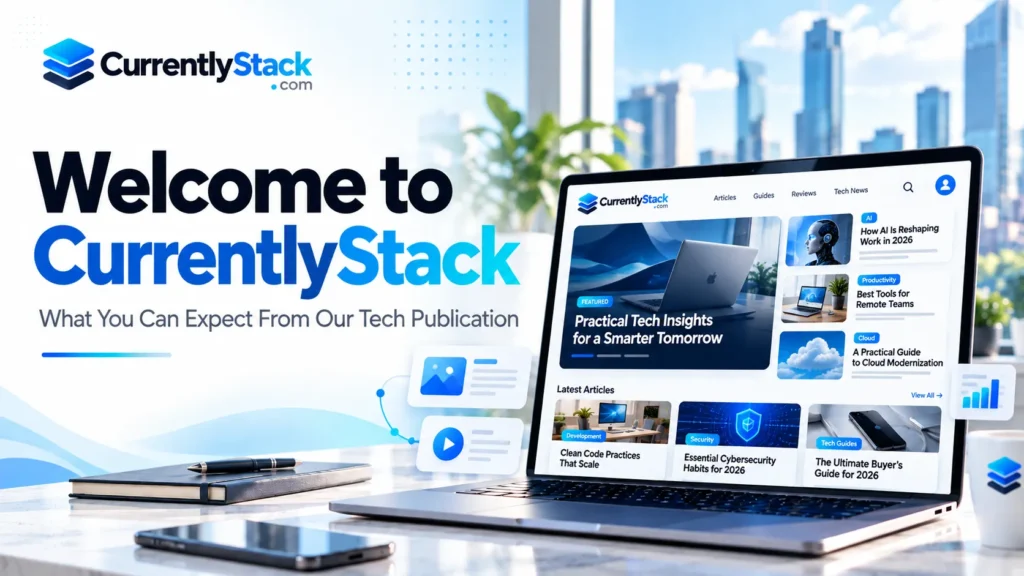 CurrentlyStack editorial publication interface displaying technology articles and guides